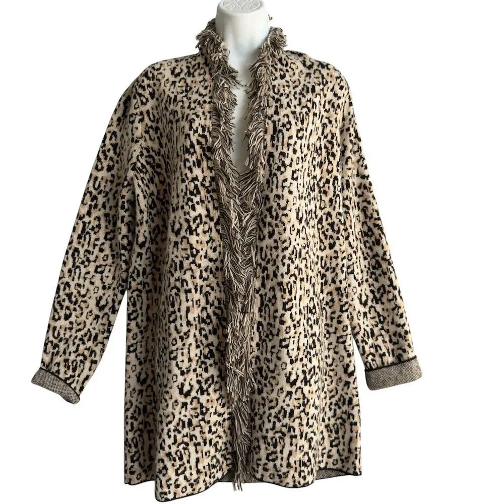 $495 Neiman Marcus Leopard Print Cashmere Collection Cardigan M Ruffle Mob Wife